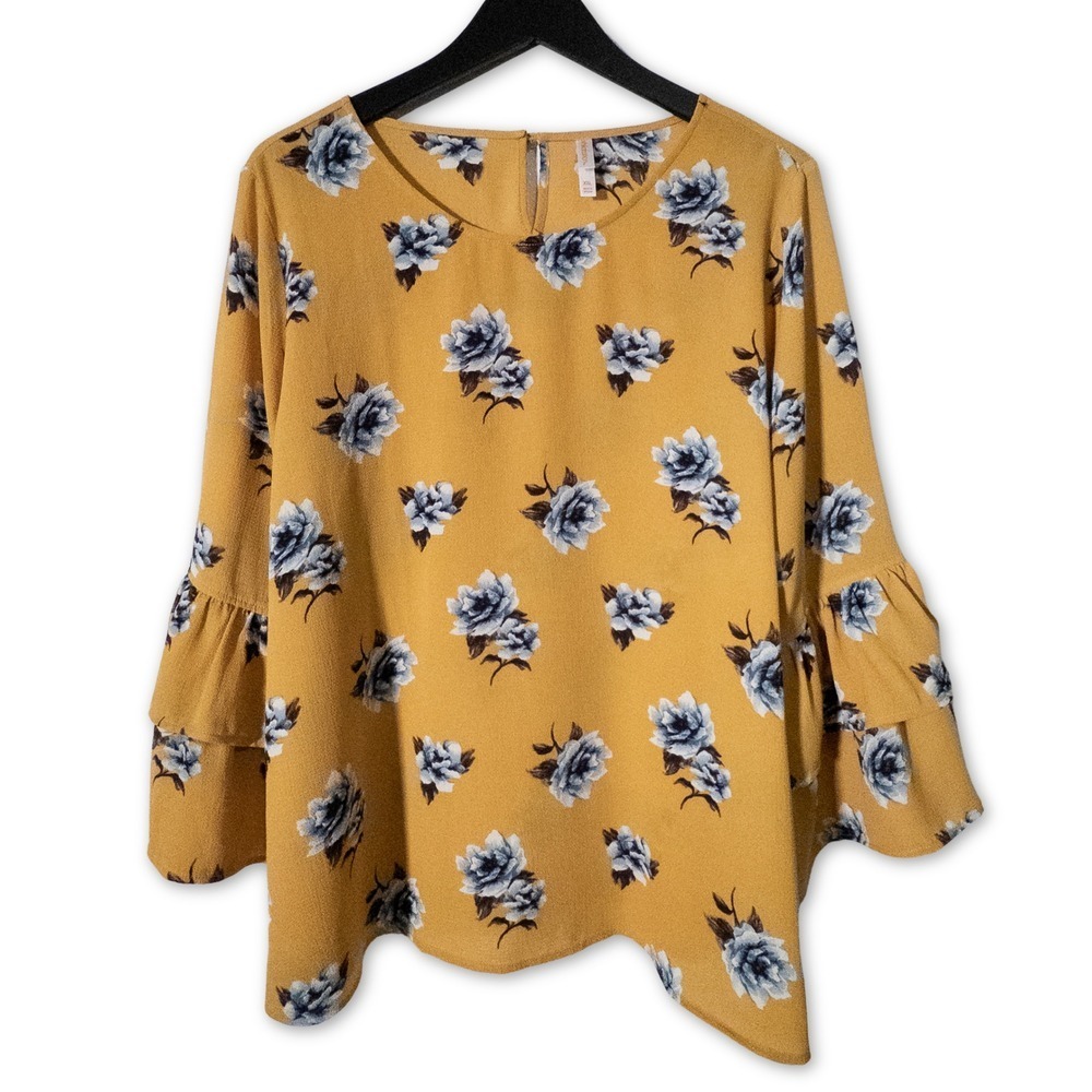 Xhilaration Bell Sleeve Blouse Womens XXL Yellow Floral Top‎ Boho Cottagecore